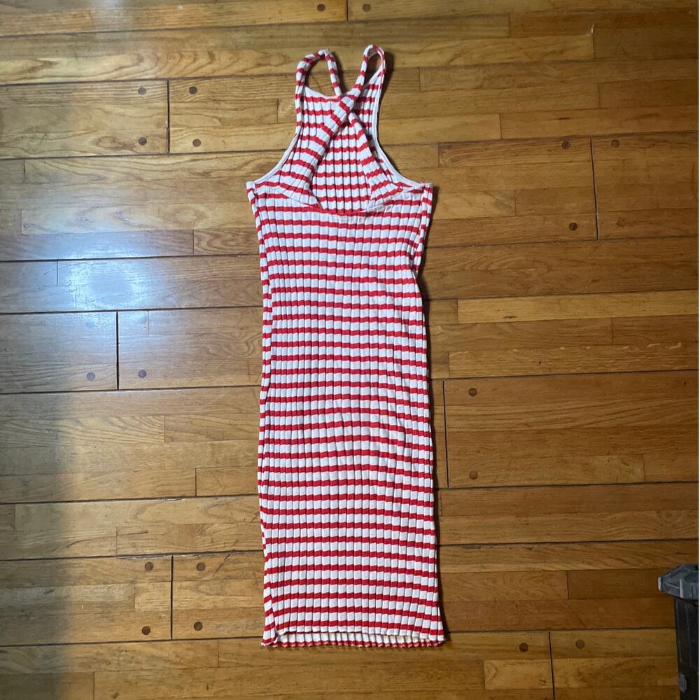 Zara red & white striped ribbed midi tank column dress